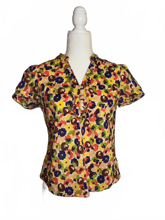 LOFT Tops - LOFT Vibrant Multicolored Floral Short sleeve Ruffle Blouse